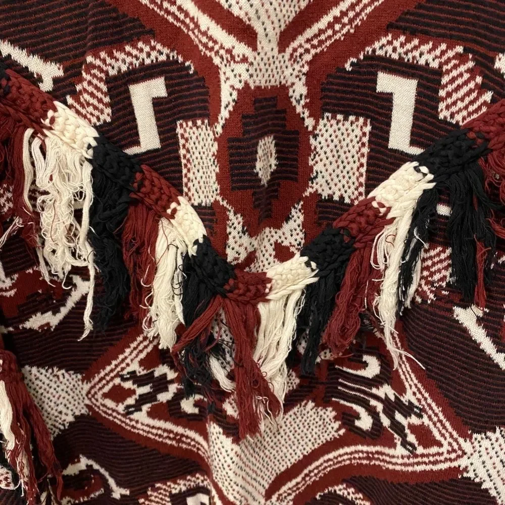 Zara Trafaluc Maroon Cream Aztec Tribal Intarsia Fringe Tassel Sweater Large
